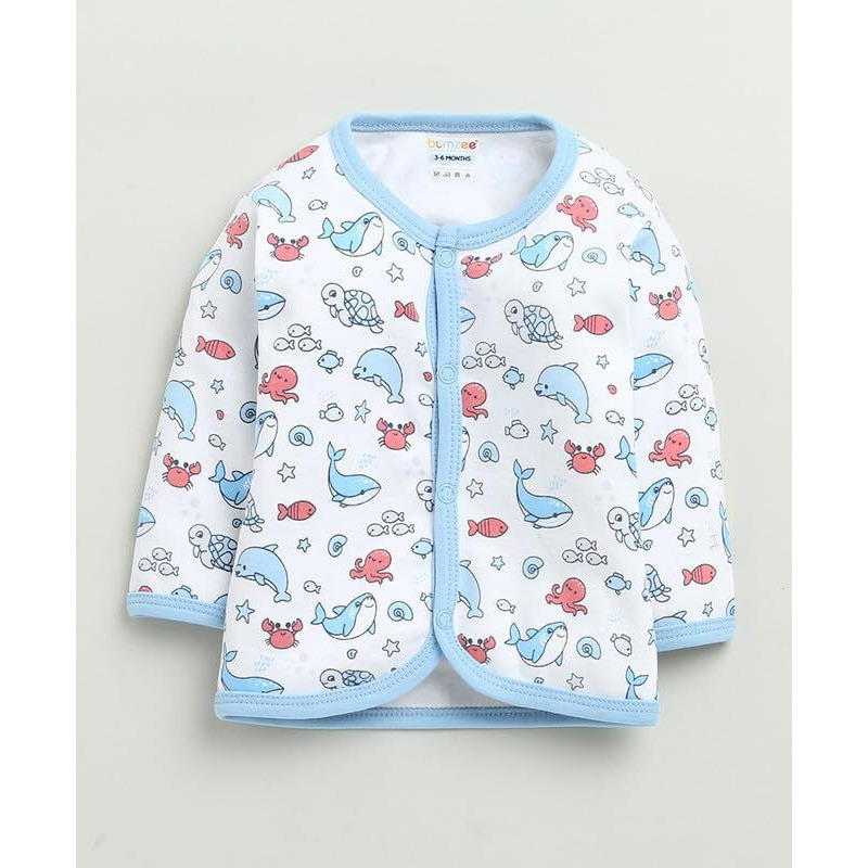 Bumzee Baby Boys Cotton Full Sleeves Jabla & Pyjama Set White & Blue - 0-3 Months (Peb10225B-Wht)