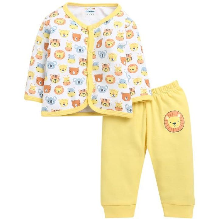 Bumzee Baby Boys Cotton Full Sleeves Jabla & Pyjama Set White & Yellow - 6-9 Months (Peb10224D-Wht)