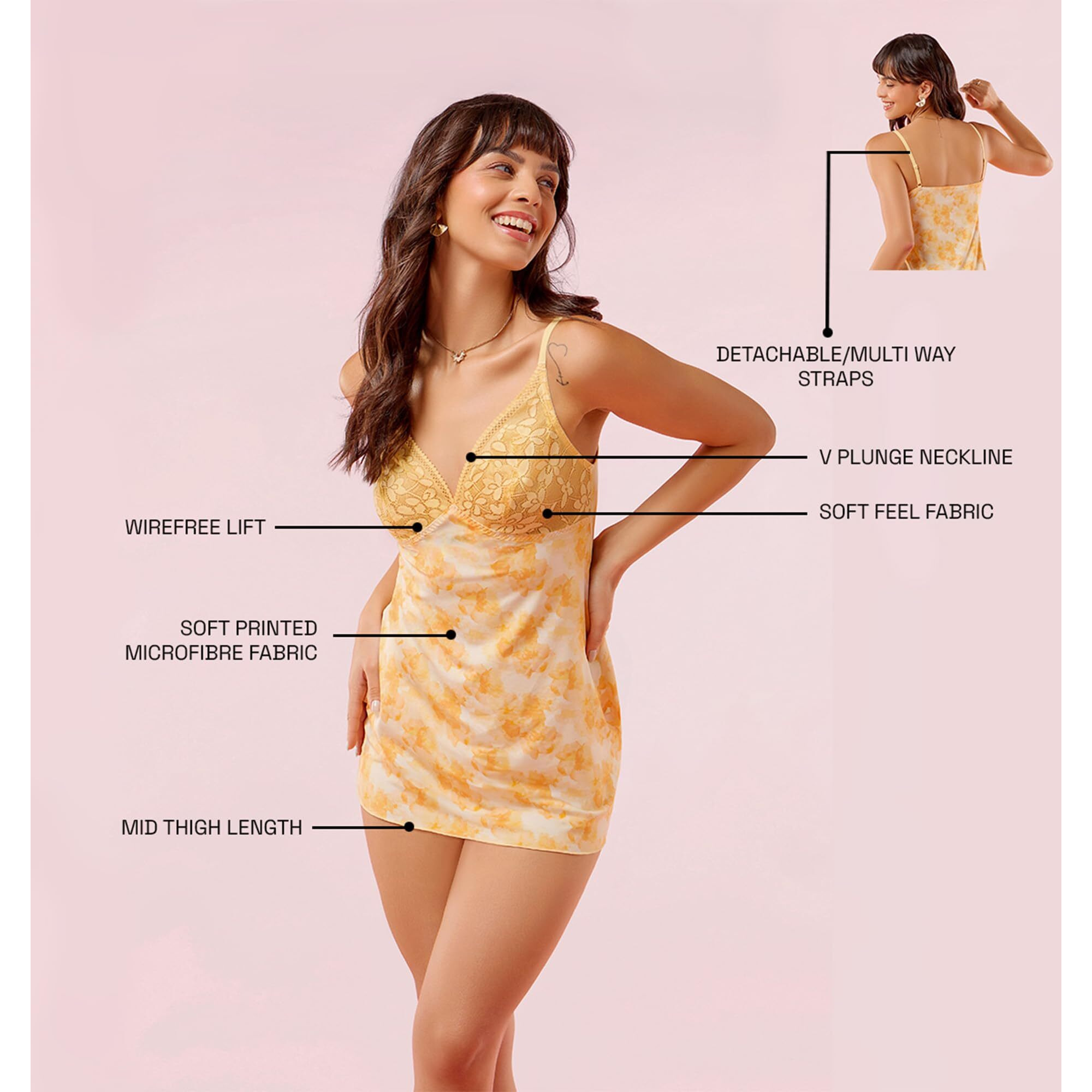 Enamor Women's Nylon Blend Mini Casual Nightgown (N151_Golden Haze_S)