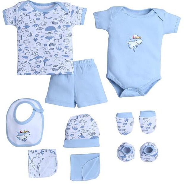 Bumzee Baby Boys Cotton Half Sleeves Gift Set Sky Blue & White - 0-3 Months (Peb10577-Sbl)