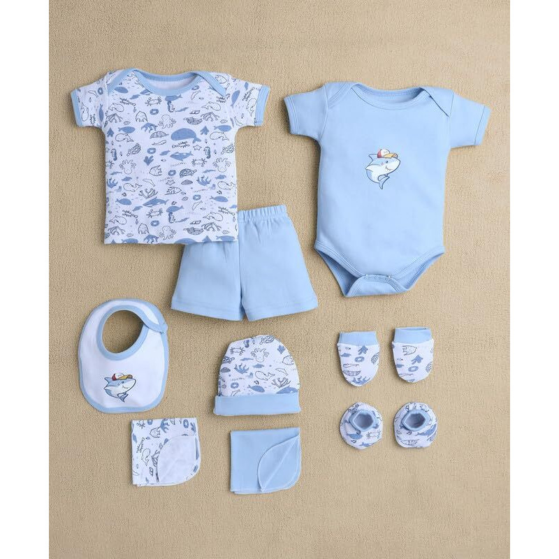 Bumzee Baby Boys Cotton Half Sleeves Gift Set Sky Blue & White - 0-3 Months (Peb10577-Sbl)