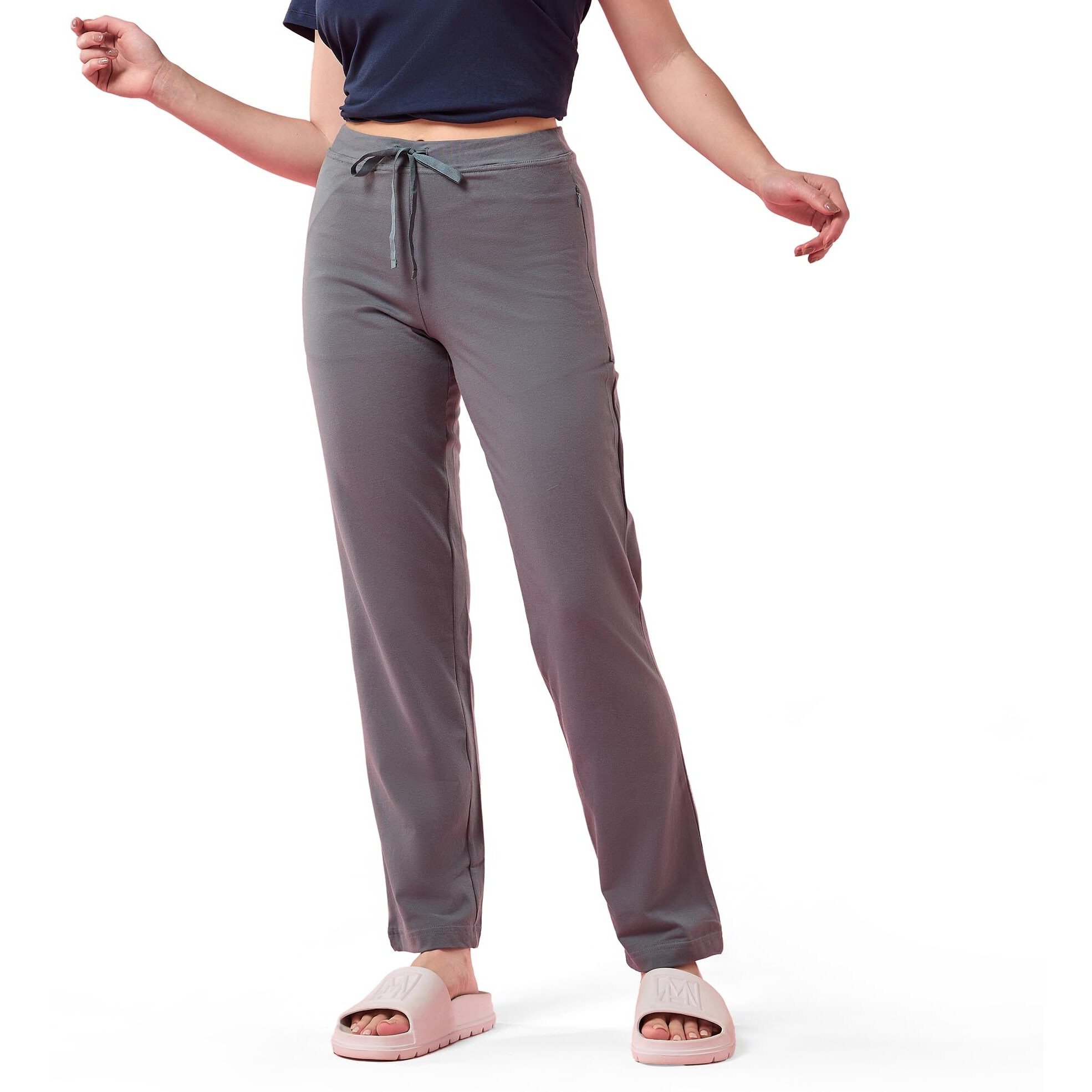 Enamor Women Mid Rise E014 Straight Leg With Adjustable Drawstring And Zipper Pockets Lounge Pants, Grey, Small