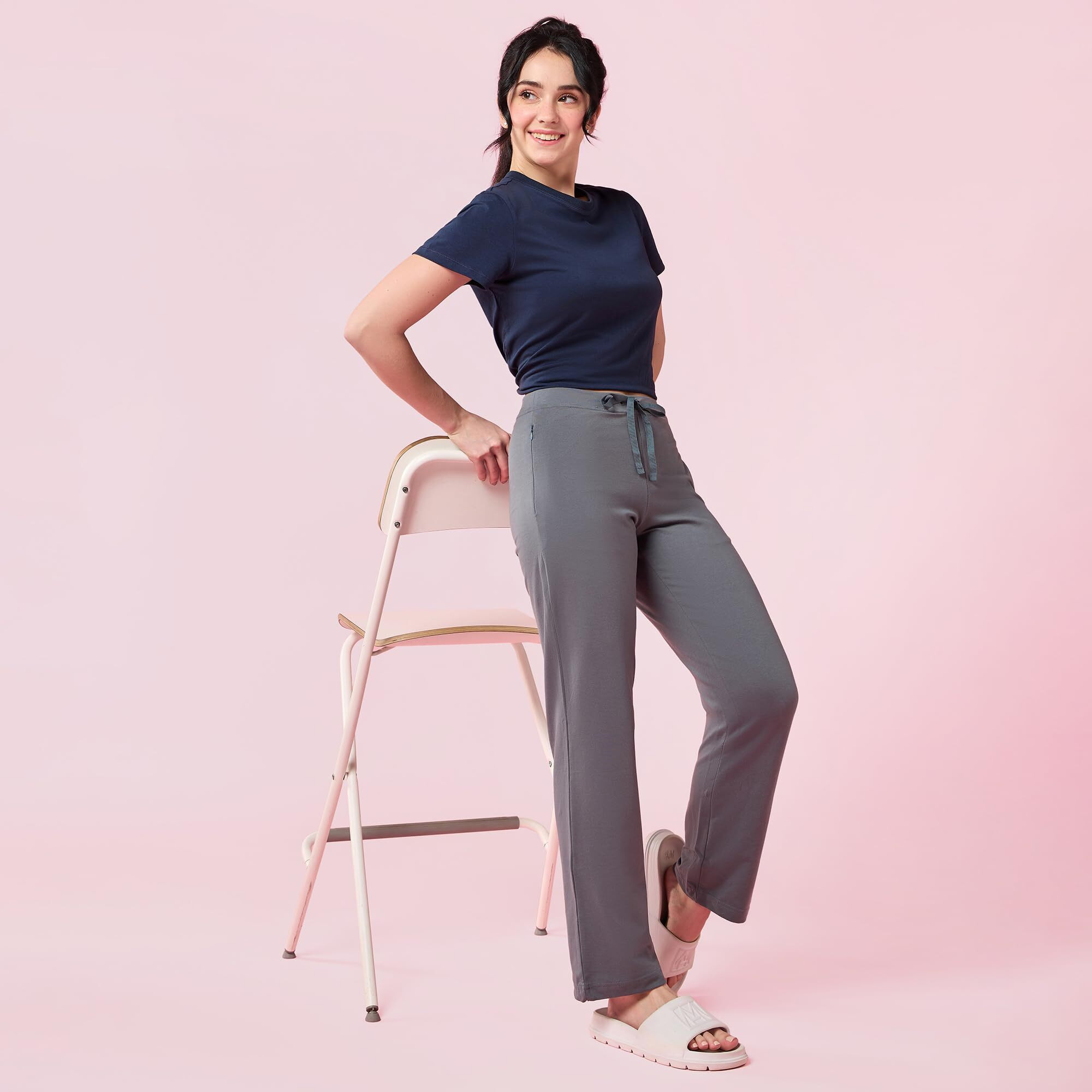 Enamor Women Mid Rise E014 Straight Leg With Adjustable Drawstring And Zipper Pockets Lounge Pants, Grey, Small