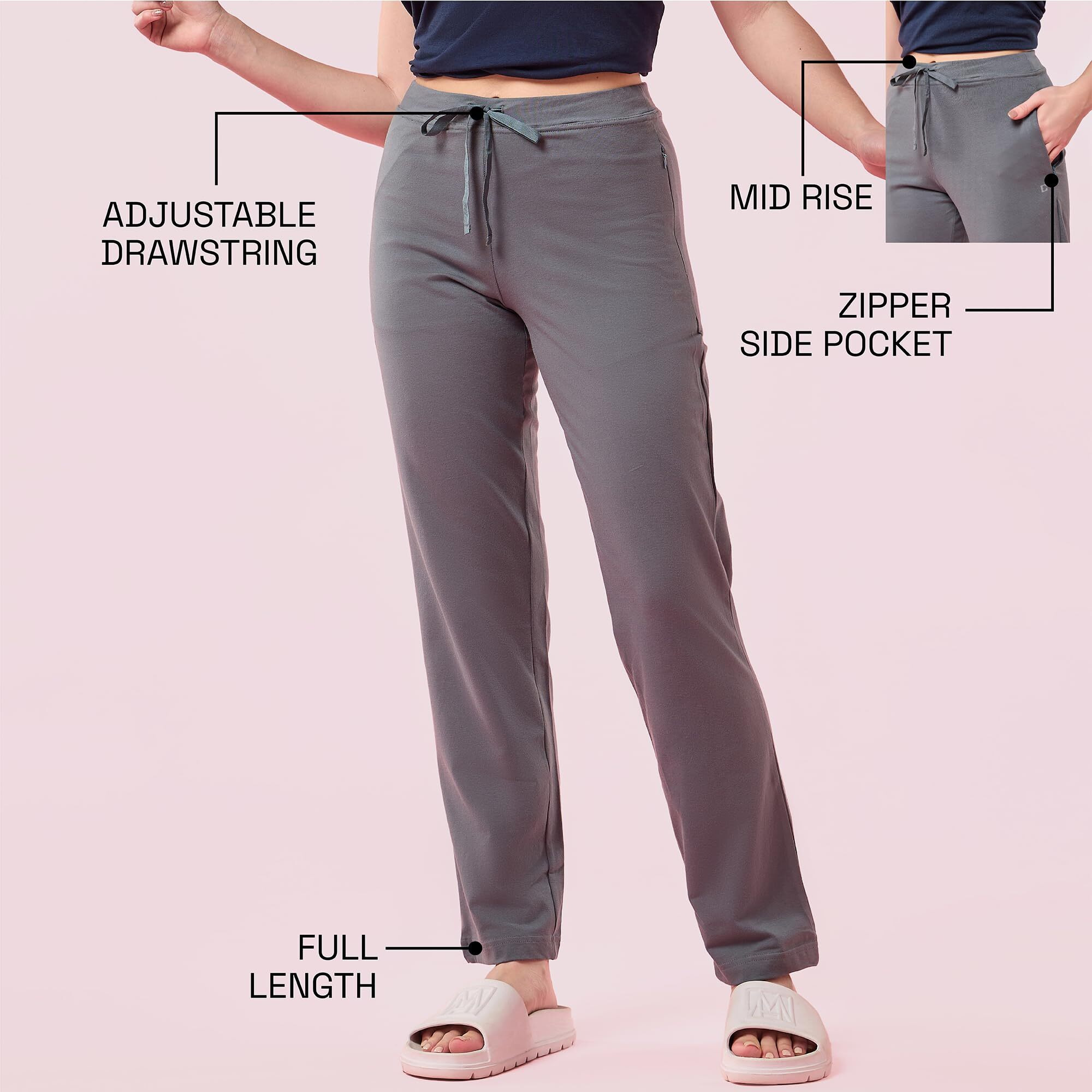 Enamor Women Mid Rise E014 Straight Leg With Adjustable Drawstring And Zipper Pockets Lounge Pants, Grey, Small