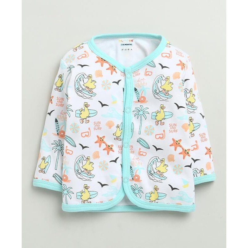 Bumzee Baby Boys Cotton Full Sleeves Jabla & Pyjama Set White & Sky Blue - 6-9 Months (Peb10227D-Wht)