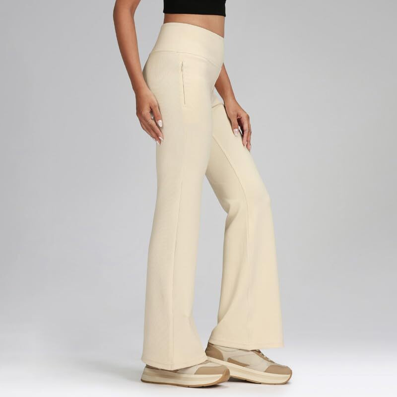 Blissclub Womens Ribsupreme Flare Pants, Flared Silhouette, Concealed Zipper Pocket, High-Rise Waistband, Sculpting Fit,Regular Variant Below 5'4