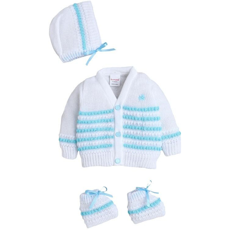 Bumzee Baby Boys Acrylic V-Neck Sweater With Cap & Socks White & Aqua - 3-6 Months (Peb10813C-Wht)