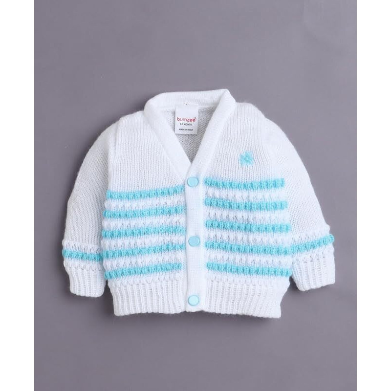 Bumzee Baby Boys Acrylic V-Neck Sweater With Cap & Socks White & Aqua - 3-6 Months (Peb10813C-Wht)