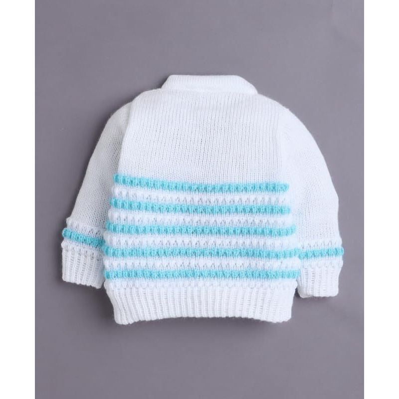 Bumzee Baby Boys Acrylic V-Neck Sweater With Cap & Socks White & Aqua - 3-6 Months (Peb10813C-Wht)