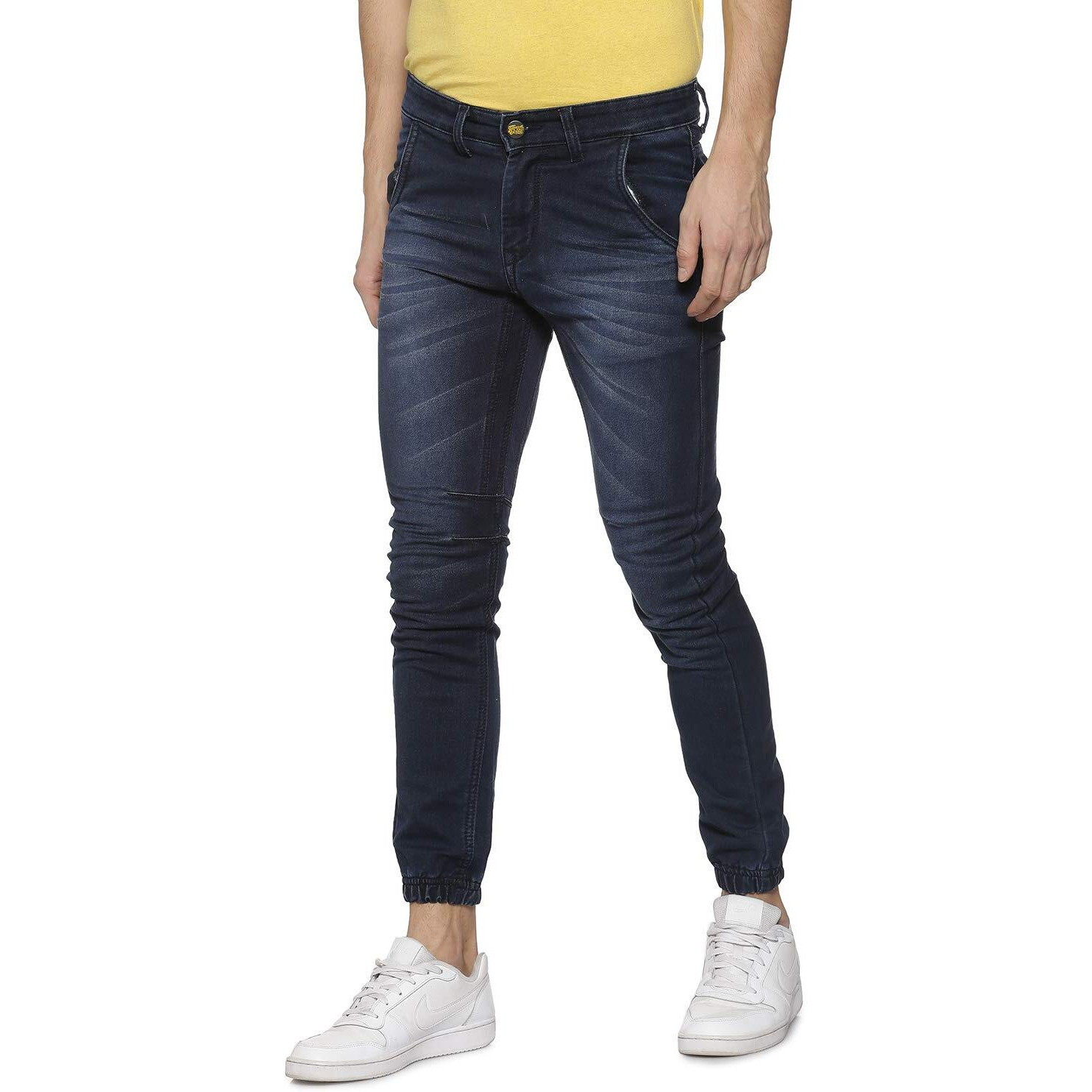 Campus Sutra Mens Classic Blue Dark-Washed Textured Regular Fit Denim Jeans | Elasticated Hem Mid-Rise Stretchable Cotton Denim Jeans Crafted With Comfort Fit & High Performance For Everyday Wear