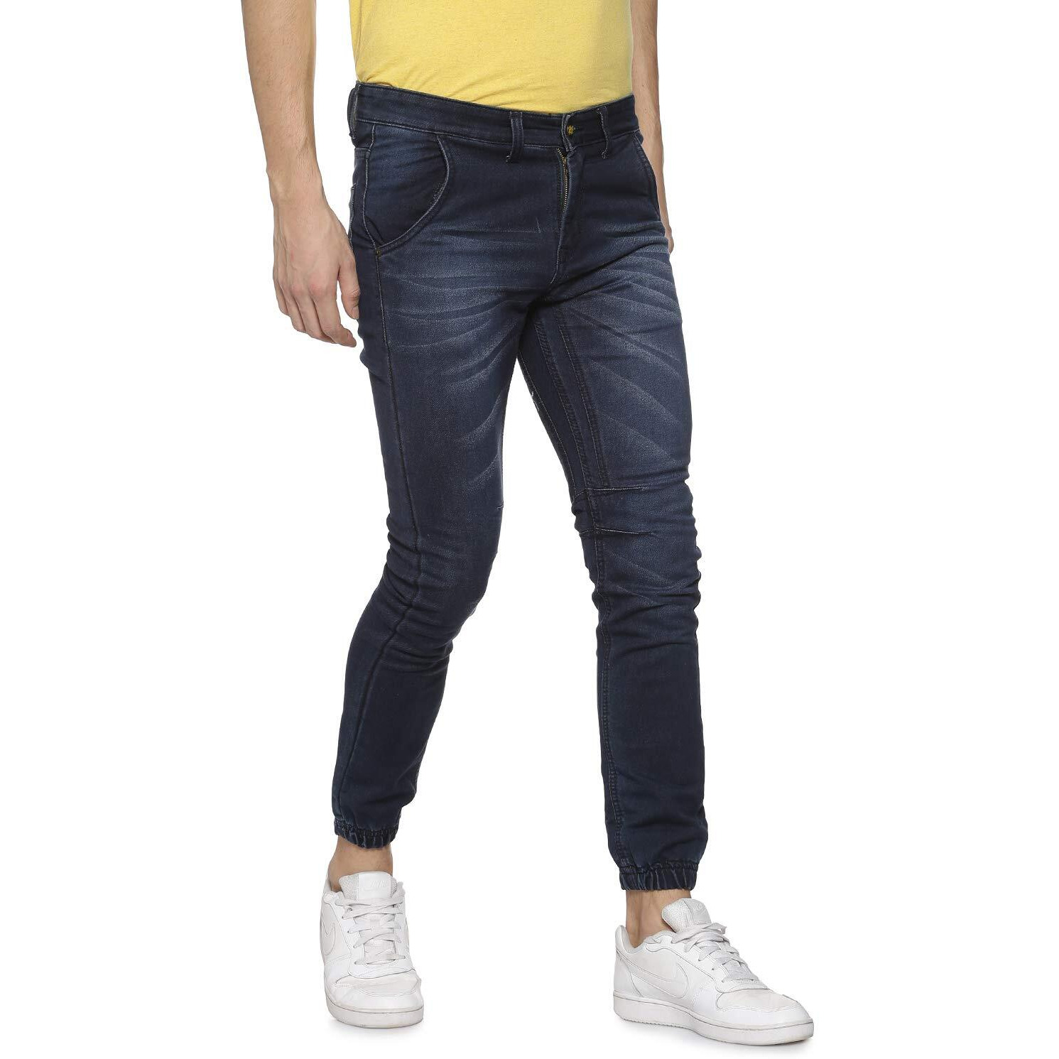 Campus Sutra Mens Classic Blue Dark-Washed Textured Regular Fit Denim Jeans | Elasticated Hem Mid-Rise Stretchable Cotton Denim Jeans Crafted With Comfort Fit & High Performance For Everyday Wear