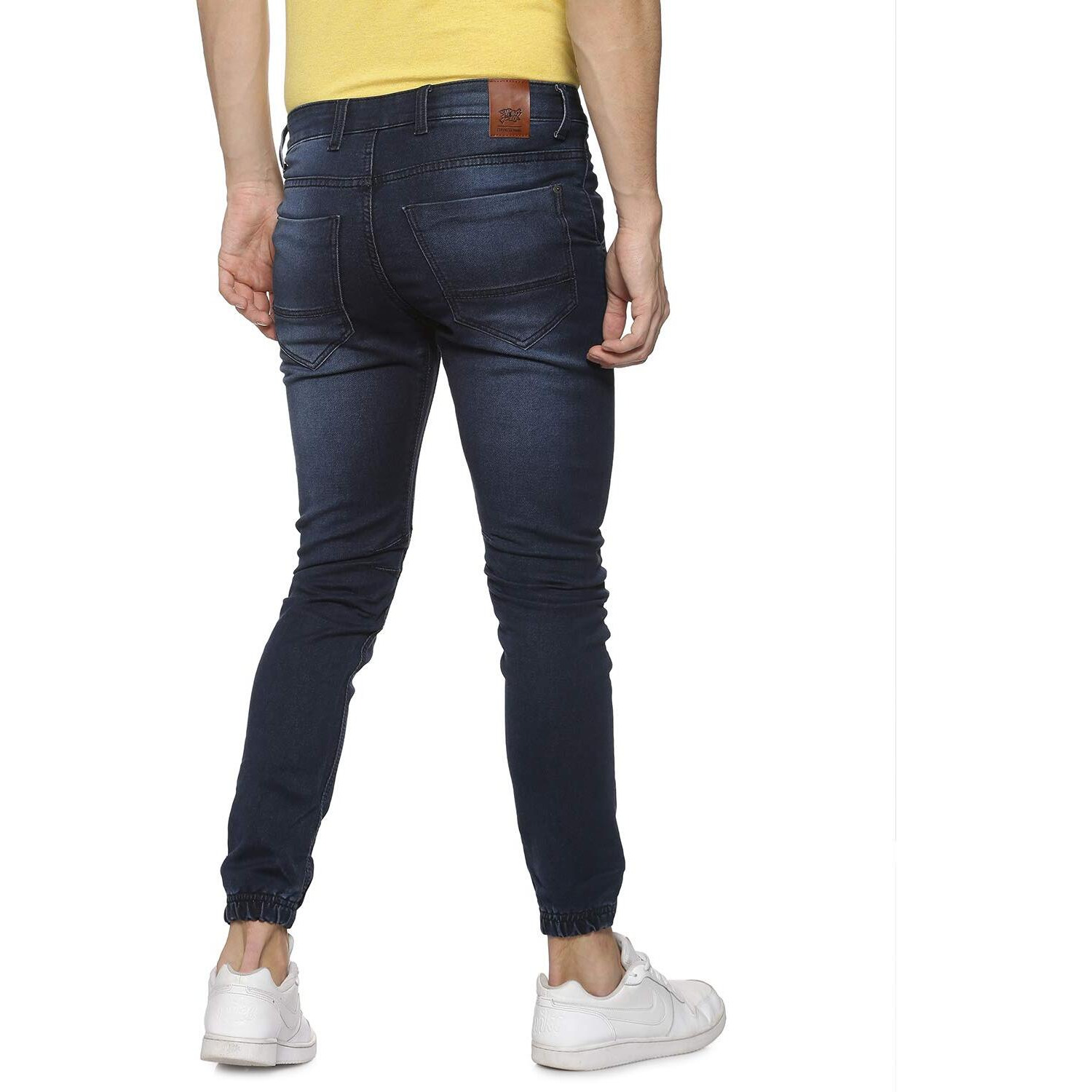 Campus Sutra Mens Classic Blue Dark-Washed Textured Regular Fit Denim Jeans | Elasticated Hem Mid-Rise Stretchable Cotton Denim Jeans Crafted With Comfort Fit & High Performance For Everyday Wear