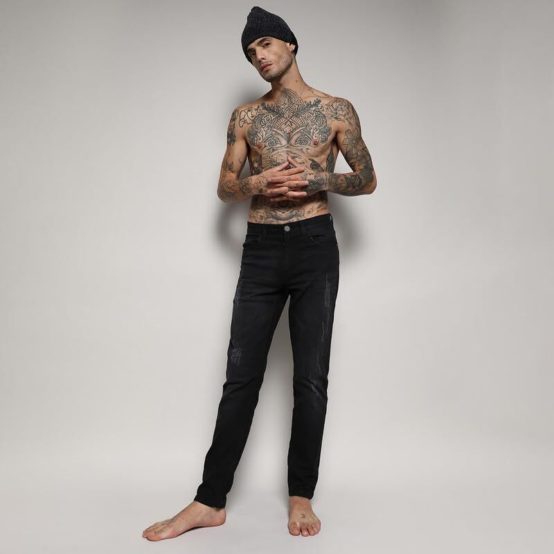 Campus Sutra Men's Black Minimal Distressed Denim Jeans For Casual Wear | Dark-Wash | Regular Fit | Button Closure | Cotton Denim Jeans Crafted With Comfort Fit For Everyday Wear