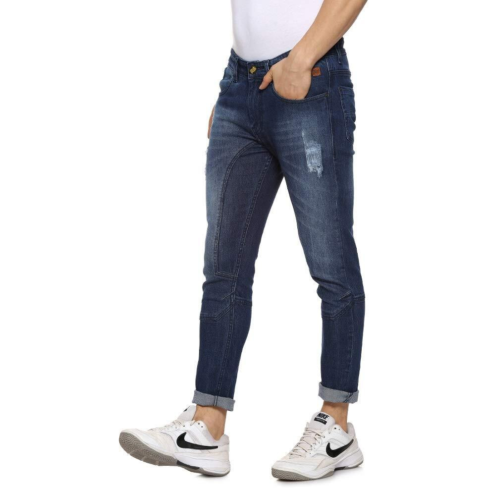 Campus Sutra Men's Navy Blue Lightly Distressed Denim Jeans For Casual Wear | Dark-Wash | Regular Fit | Button Closure | Denim Jeans Crafted With Comfort Fit For Everyday Wear