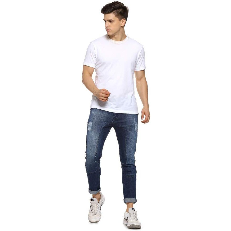 Campus Sutra Men's Navy Blue Lightly Distressed Denim Jeans For Casual Wear | Dark-Wash | Regular Fit | Button Closure | Denim Jeans Crafted With Comfort Fit For Everyday Wear