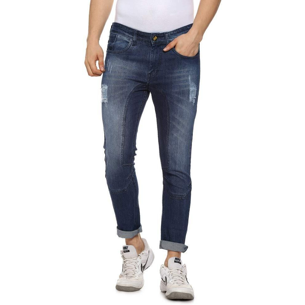 Campus Sutra Men's Navy Blue Lightly Distressed Denim Jeans For Casual Wear | Dark-Wash | Regular Fit | Button Closure | Denim Jeans Crafted With Comfort Fit For Everyday Wear