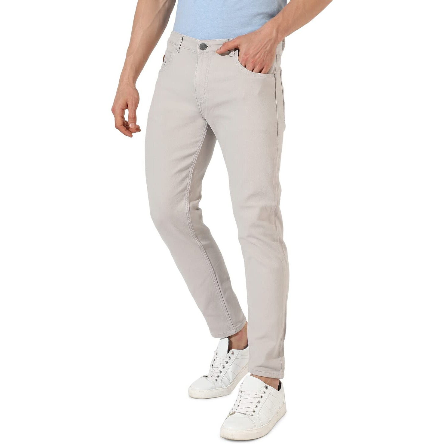 Campus Sutra Men's Classic Grey-Washed Solid Patterned Regular Fit Denim Jeans | Premium Mid-Rise Cotton Stretchable Crafted With Comfort Fit And High Performance For Everyday Wear