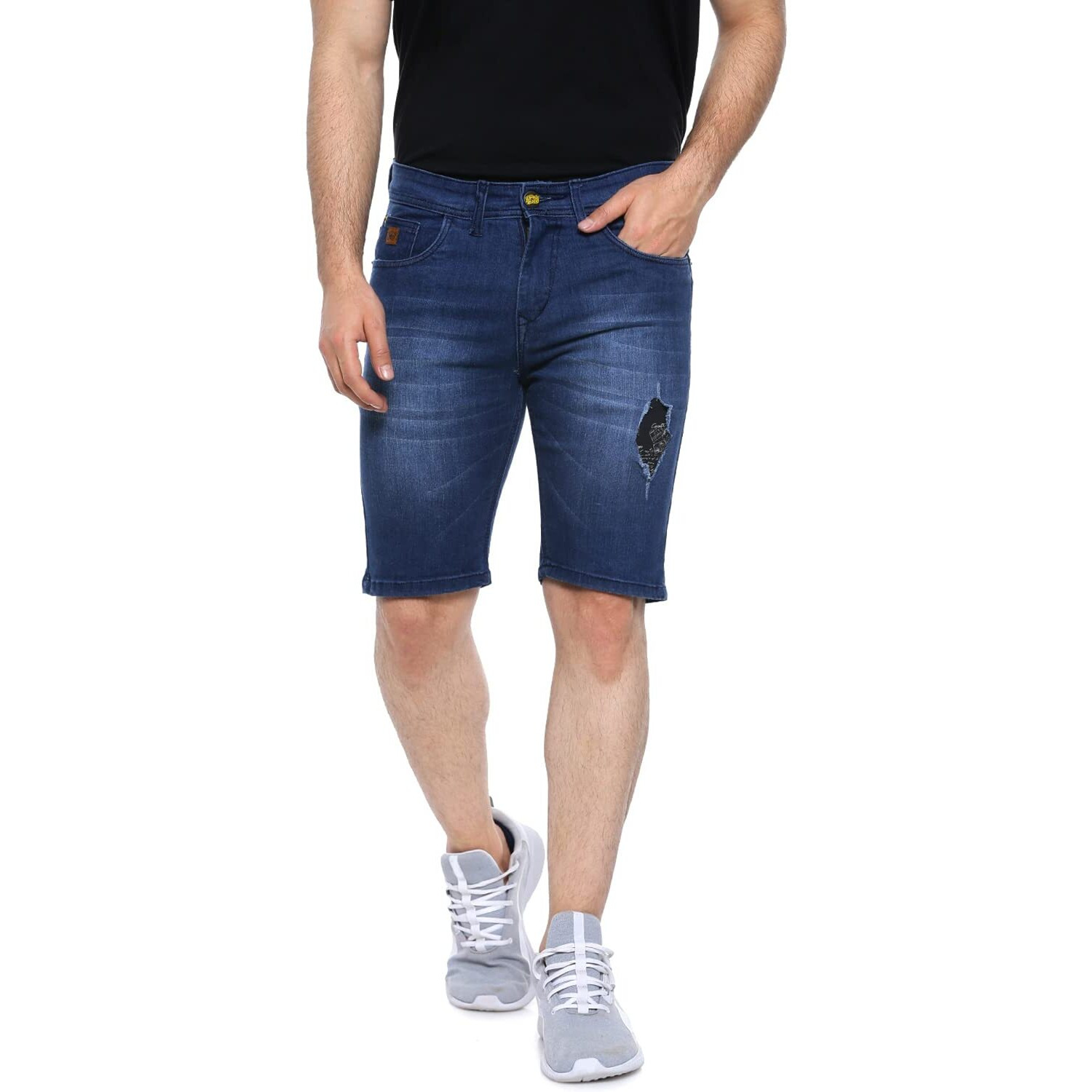 Campus Sutra Men's Denim Shorts For Regular Wear|Blue|Dark Wash|Mild Distress|Slim Fit|Denim Shorts Crafted With Comfort Fit And High-Performance For Everyday Casual Wear