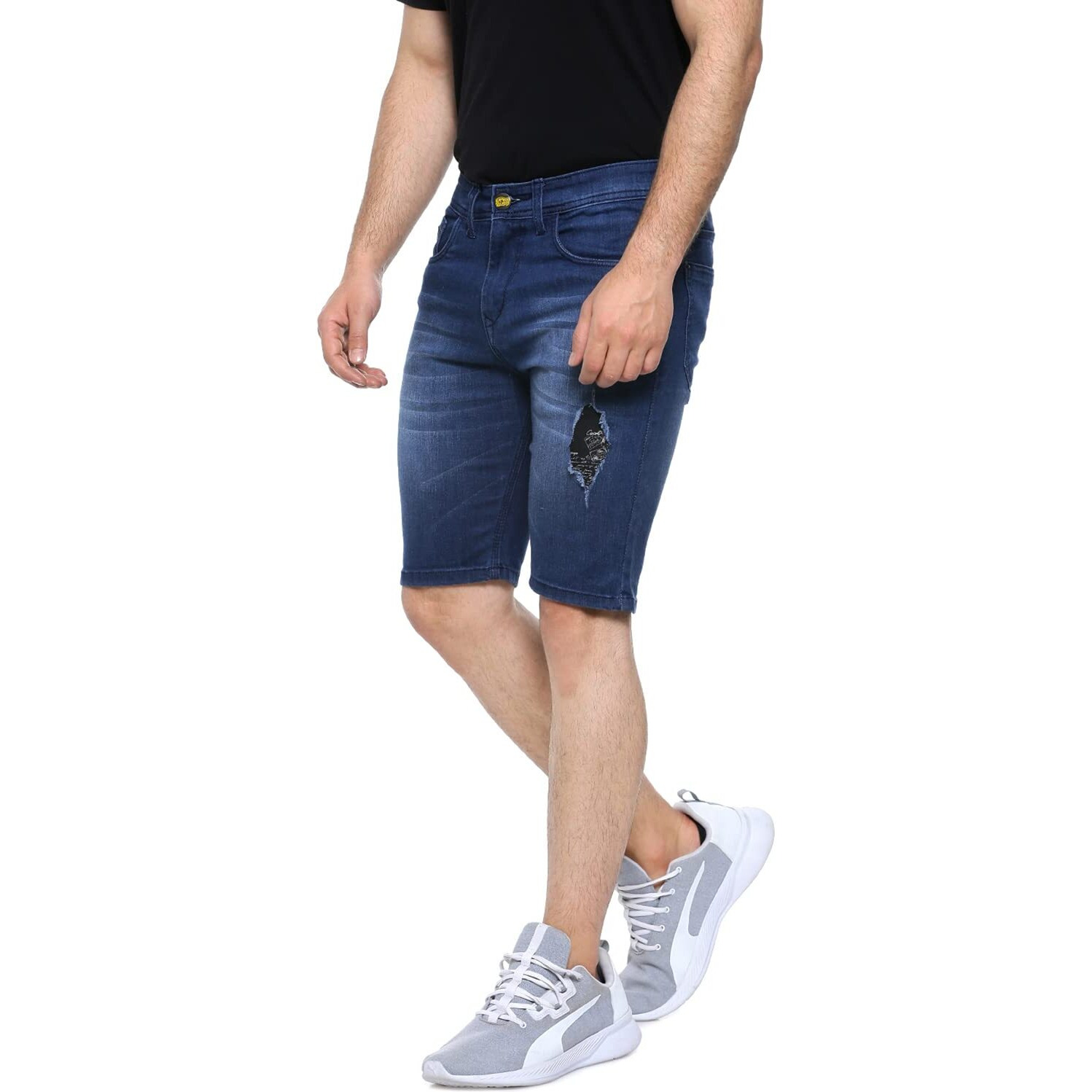 Campus Sutra Men's Denim Shorts For Regular Wear|Blue|Dark Wash|Mild Distress|Slim Fit|Denim Shorts Crafted With Comfort Fit And High-Performance For Everyday Casual Wear