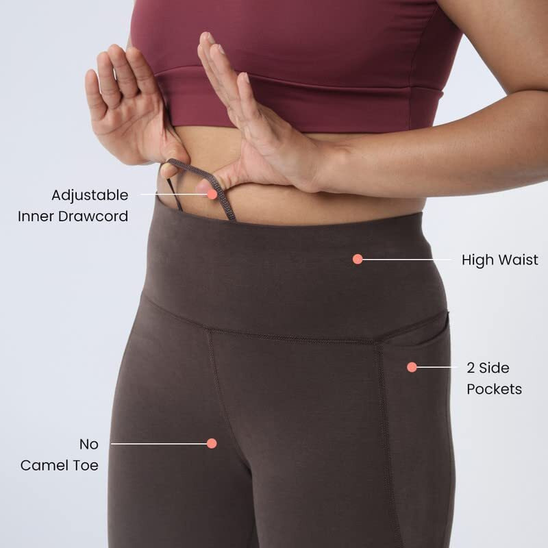 Blissclub Women Groove-In Cotton Skinny Ankle Length | Adjustable Inner Drawcord | 2 Deep Side Pockets | Cottonsoft Fabric | Mid Rise Leggings, Brown, Medium