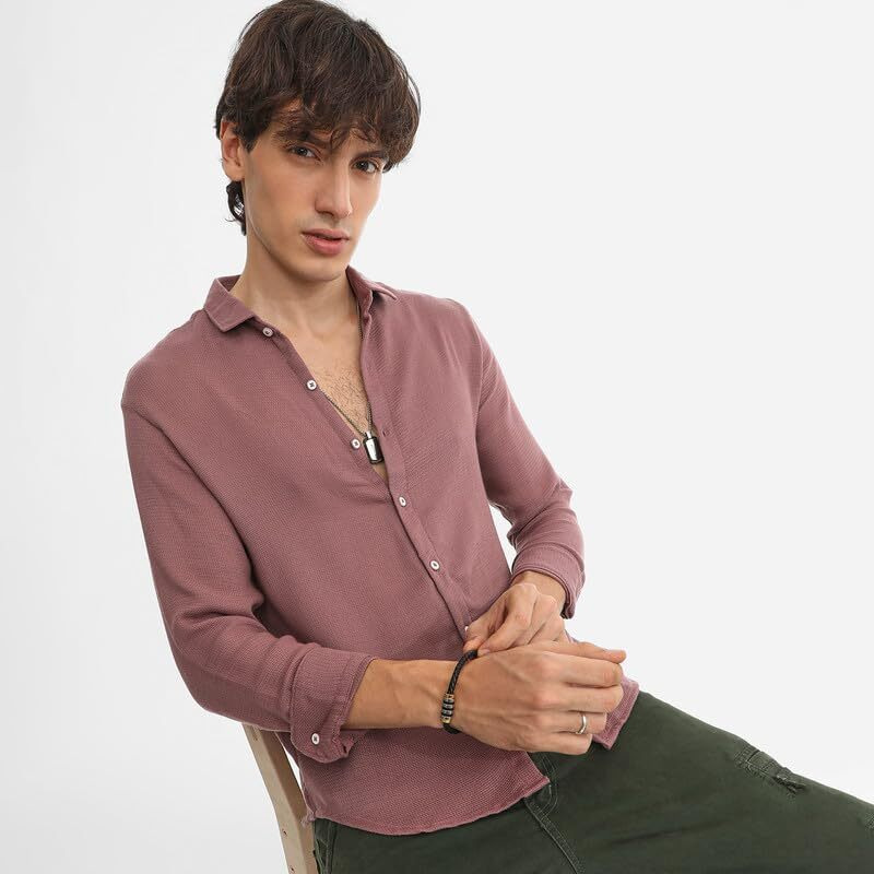 Campus Sutra Men's Nude Pink Woven-Textured Shirt For Casual Wear | Spread Collar | Long Sleeve | Button Closure | Shirt Crafted With Comfort Fit For Everyday Wear