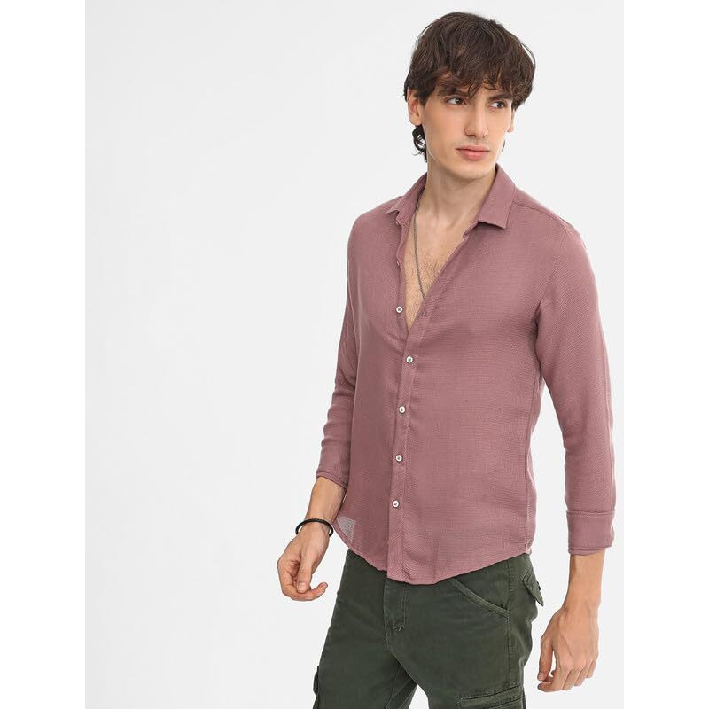 Campus Sutra Men's Nude Pink Woven-Textured Shirt For Casual Wear | Spread Collar | Long Sleeve | Button Closure | Shirt Crafted With Comfort Fit For Everyday Wear