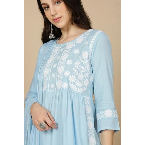 Kaari Rayon Embroiderery A-Line 7525 Women's Kurtas & Kurtis (Kaaaw24Wskd-70018_Aasman Blue