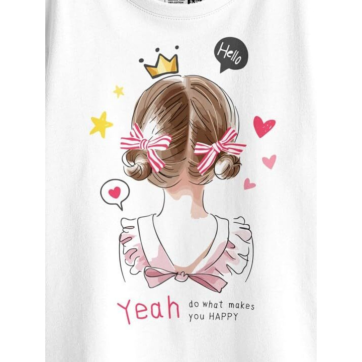 Bon Organik Girls Printed Pure Cotton T-Shirt (Bon11924-G-Wh-8-9Y)