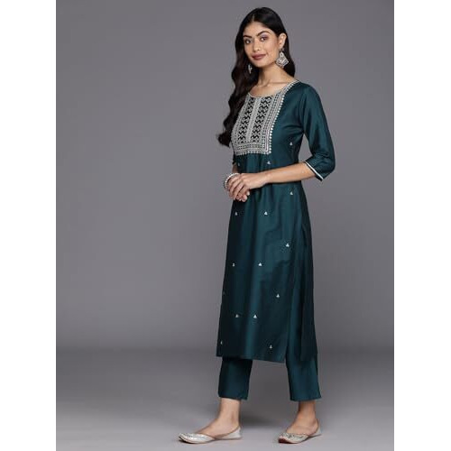 Libas Gerua Womens Yoke Design Silk Blend Straight Kurta With Trousers And Dupatta