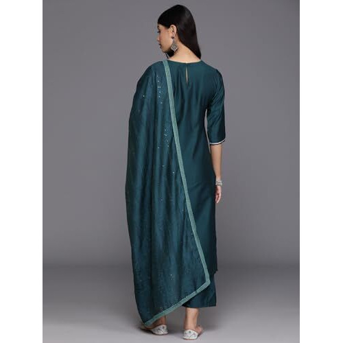 Libas Gerua Womens Yoke Design Silk Blend Straight Kurta With Trousers And Dupatta