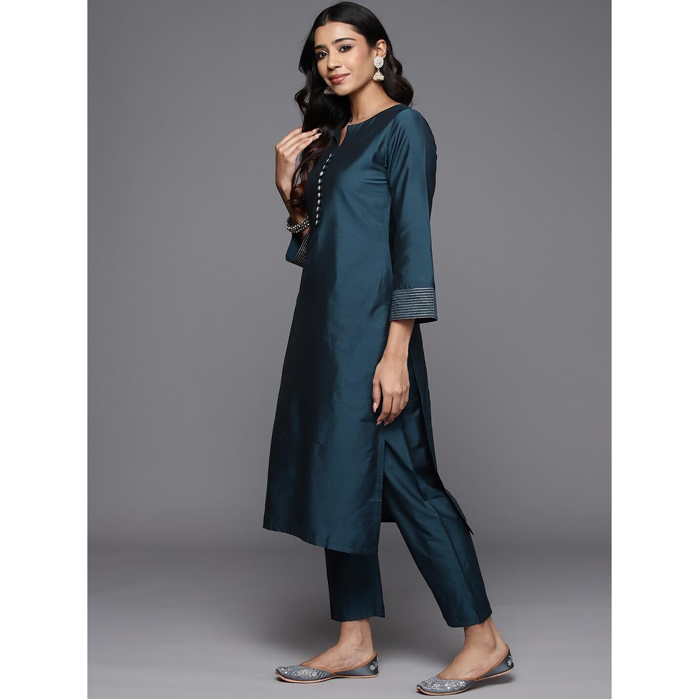 Libas Gerua Womens Solid Silk Blend Straight Kurta With Trousers And Dupatta