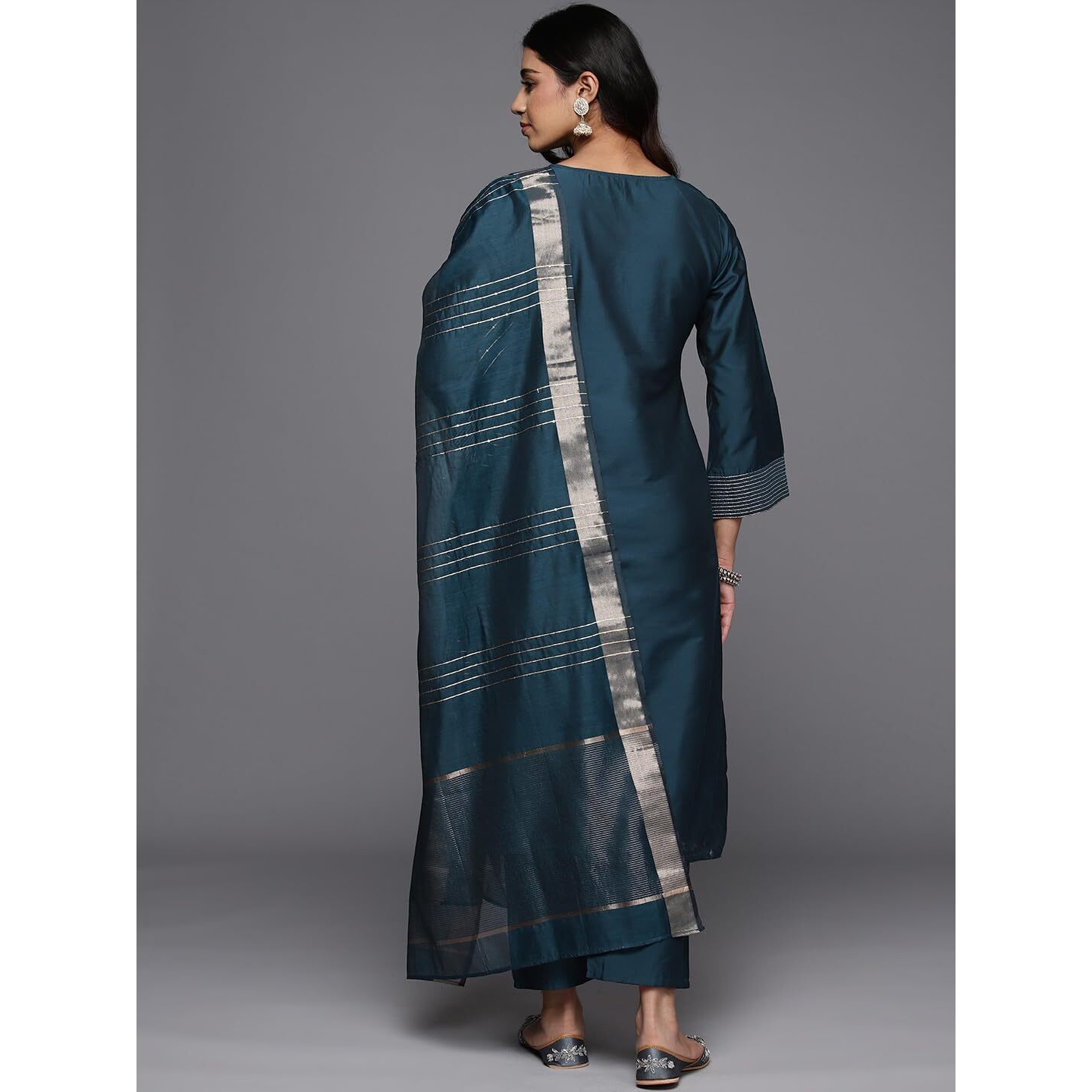 Libas Gerua Womens Solid Silk Blend Straight Kurta With Trousers And Dupatta