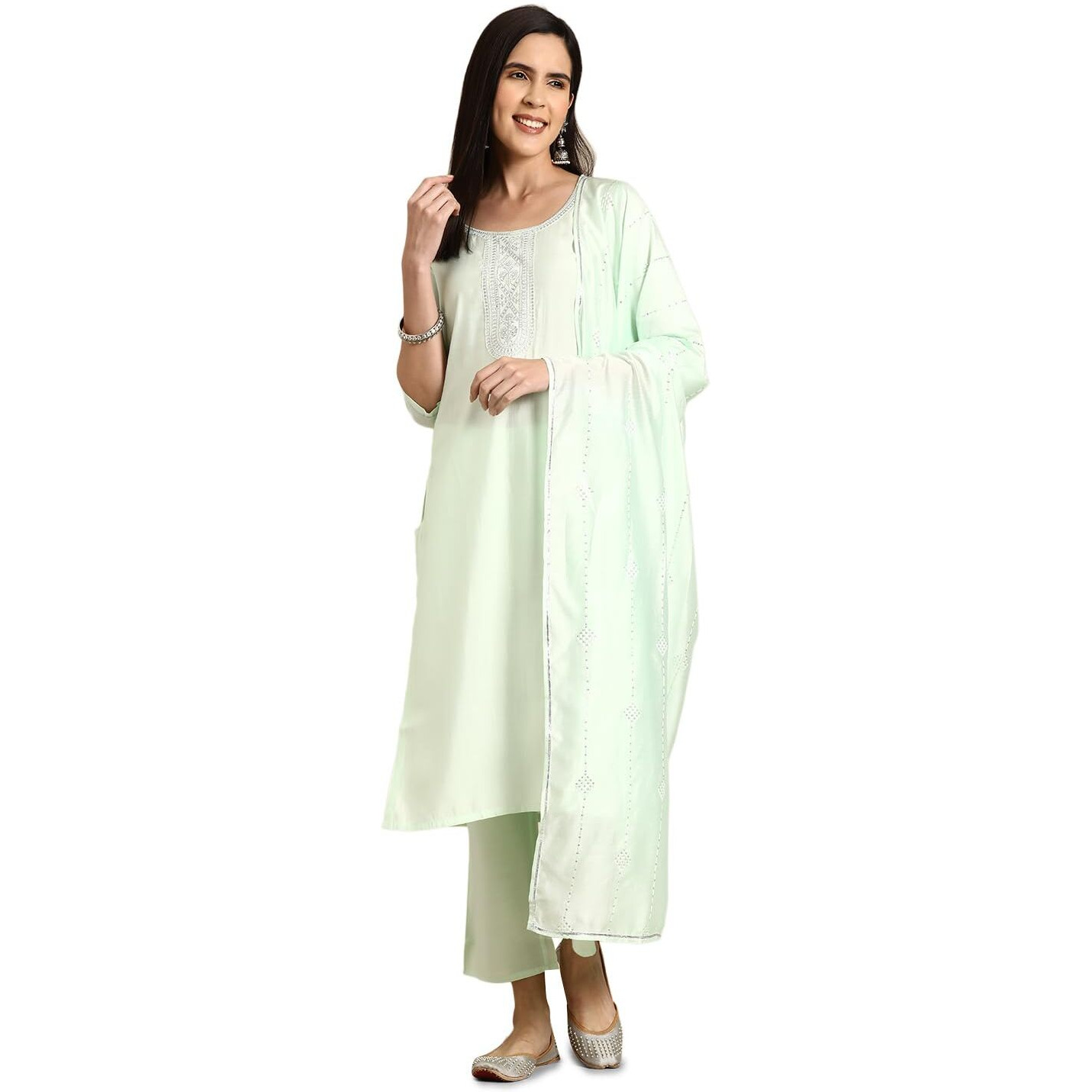 Libas Gerua Womens Yoke Design Silk Blend Straight Kurta With Trousers And Dupatta