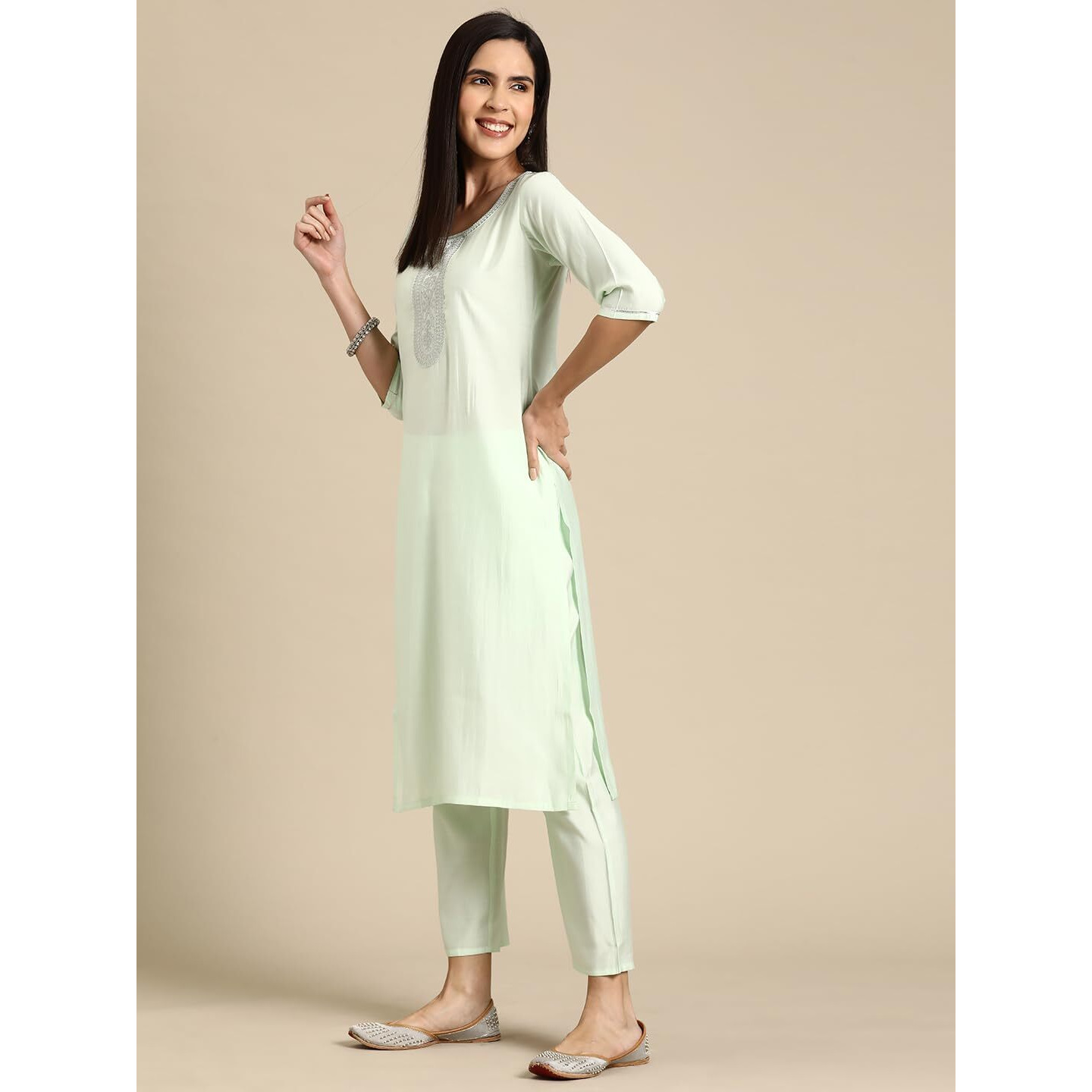 Libas Gerua Womens Yoke Design Silk Blend Straight Kurta With Trousers And Dupatta
