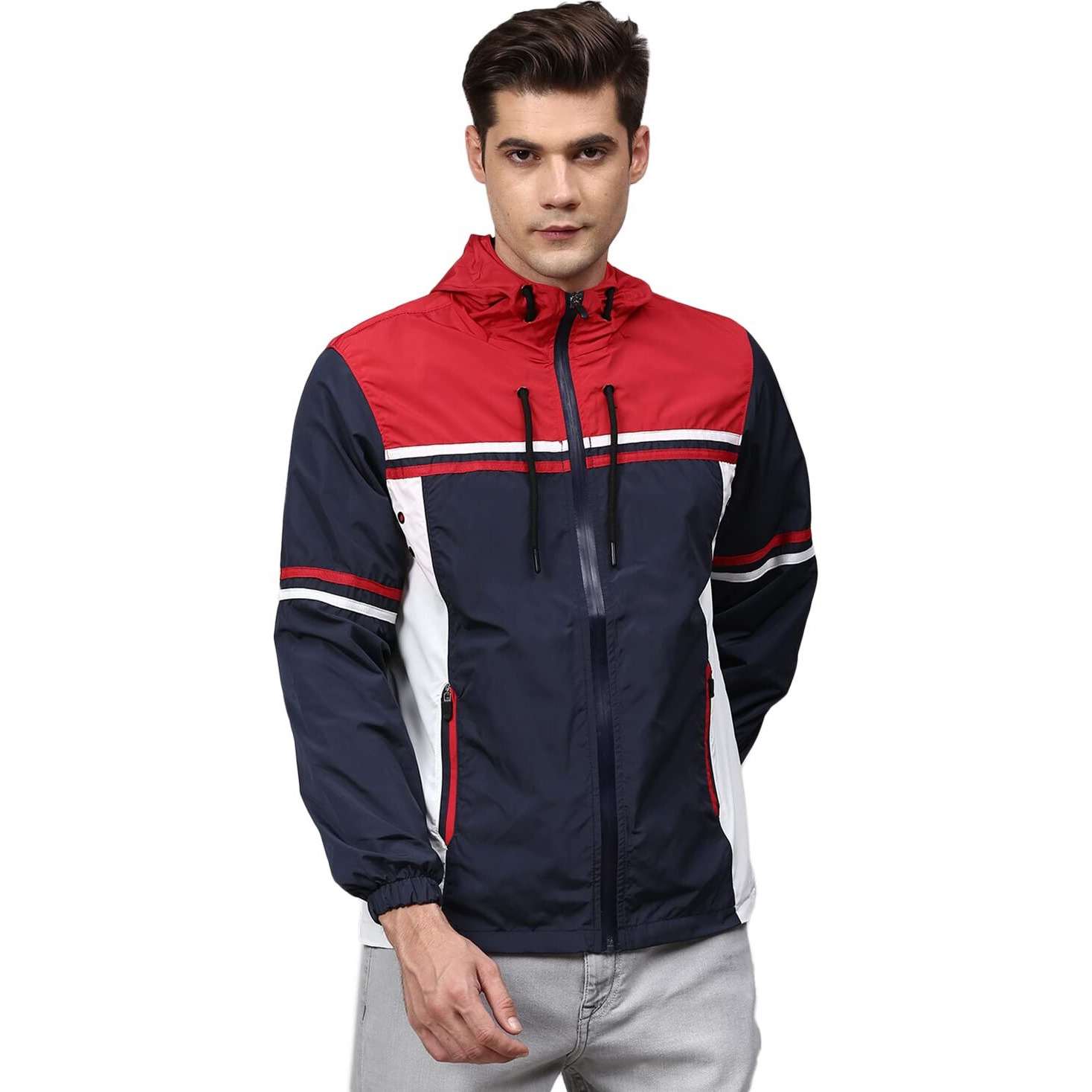 Campus Sutra Men Blue Colourblocked Windcheater Padded Hooded Jacket