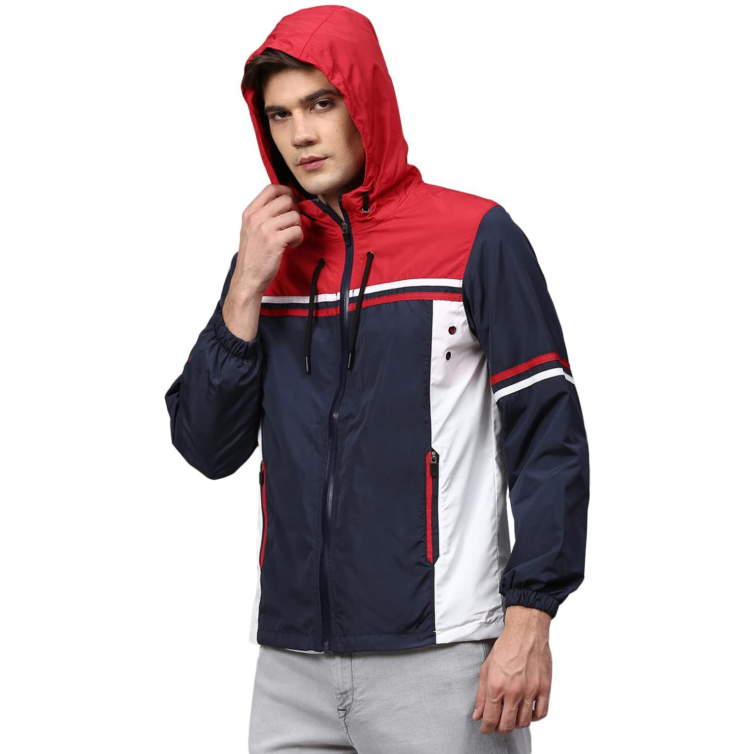 Campus Sutra Men Blue Colourblocked Windcheater Padded Hooded Jacket