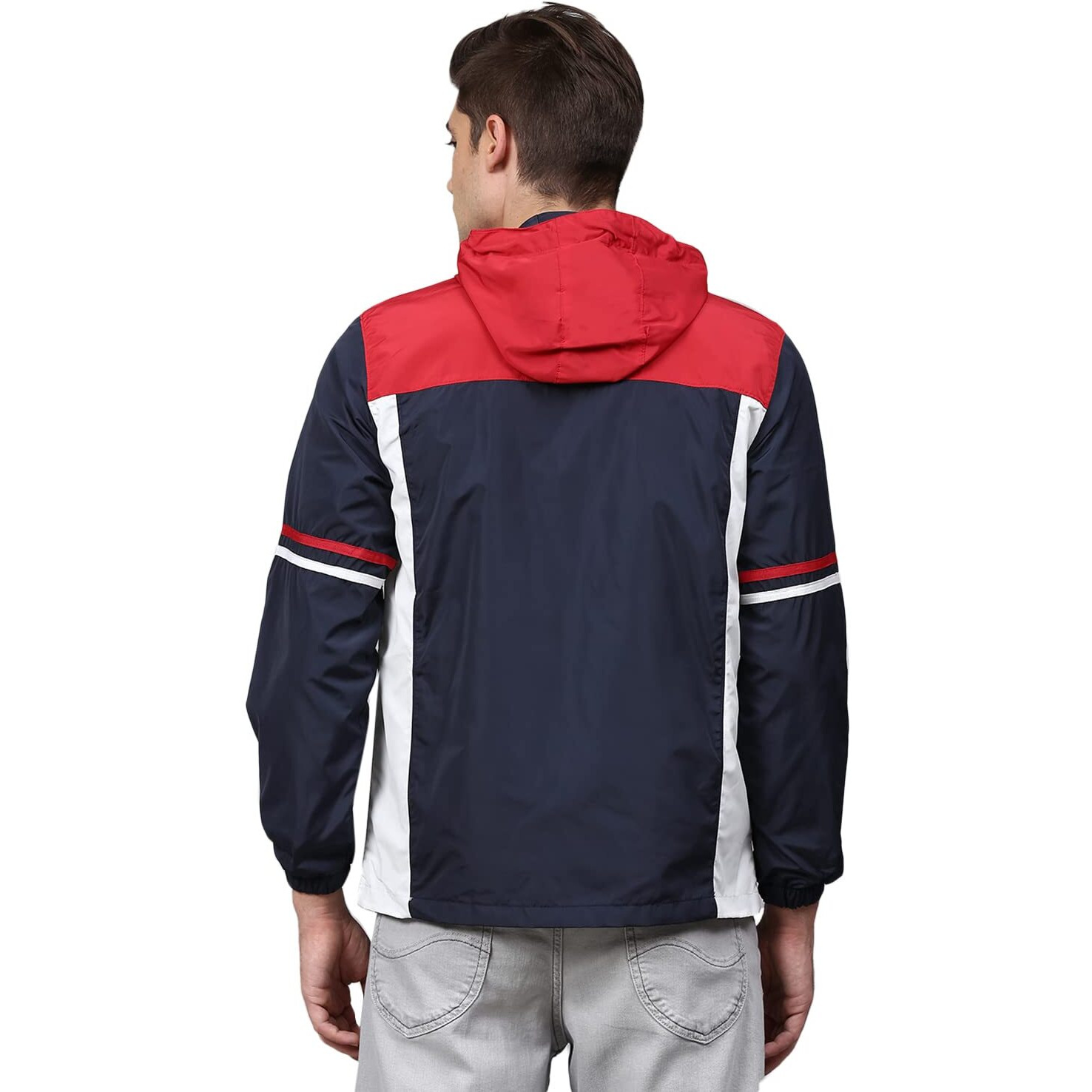 Campus Sutra Men Blue Colourblocked Windcheater Padded Hooded Jacket