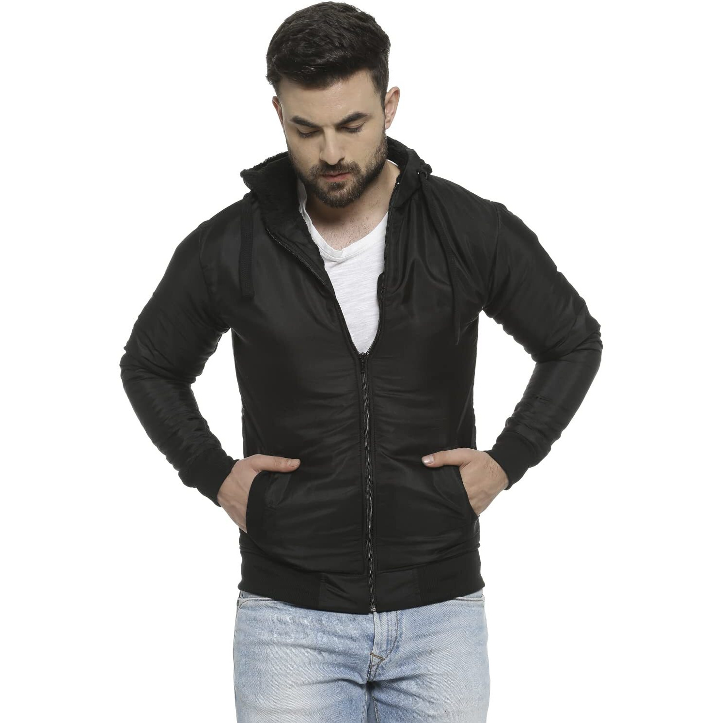 Campus Sutra Men's Polyester Jacket (Azw17_Jk_M_Pln_P13_Bl_Az_L, Black, Large)
