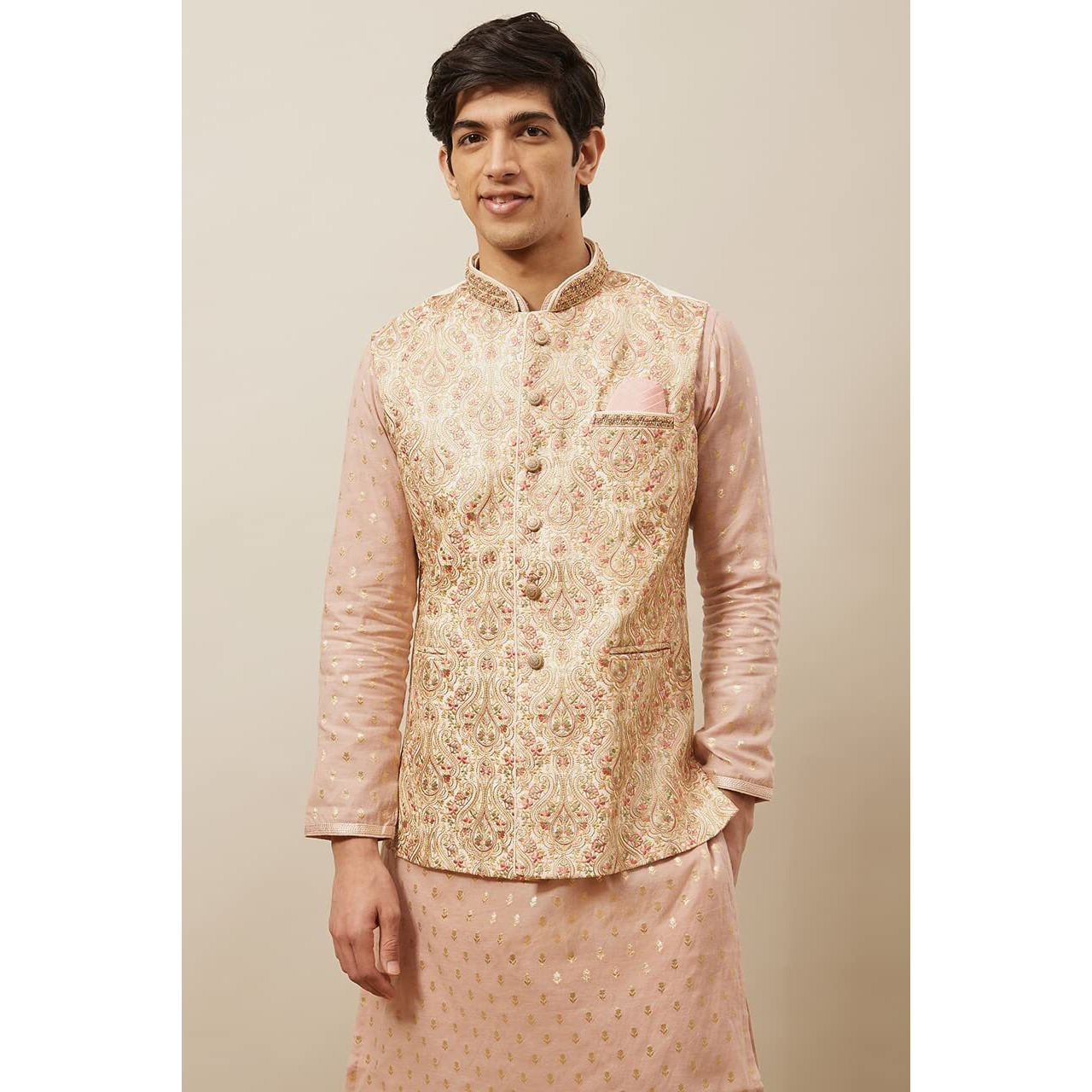 Manyavar Printed Art Silk Nehru Jacket For Men, Sleeveless, Mandarin Collar, Ethnic Wear (Off White/Cream, Xl)