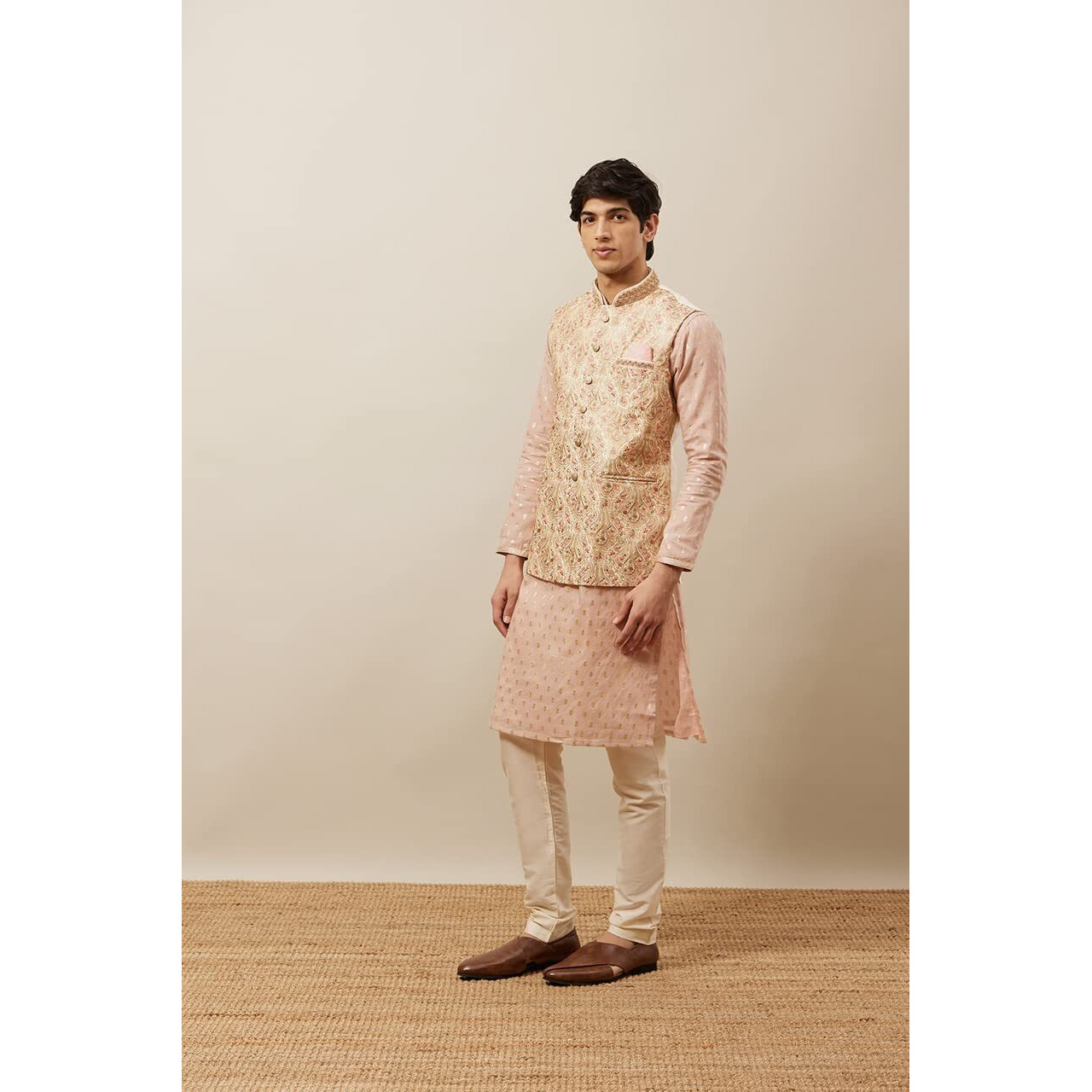 Manyavar Printed Art Silk Nehru Jacket For Men, Sleeveless, Mandarin Collar, Ethnic Wear (Off White/Cream, Xl)