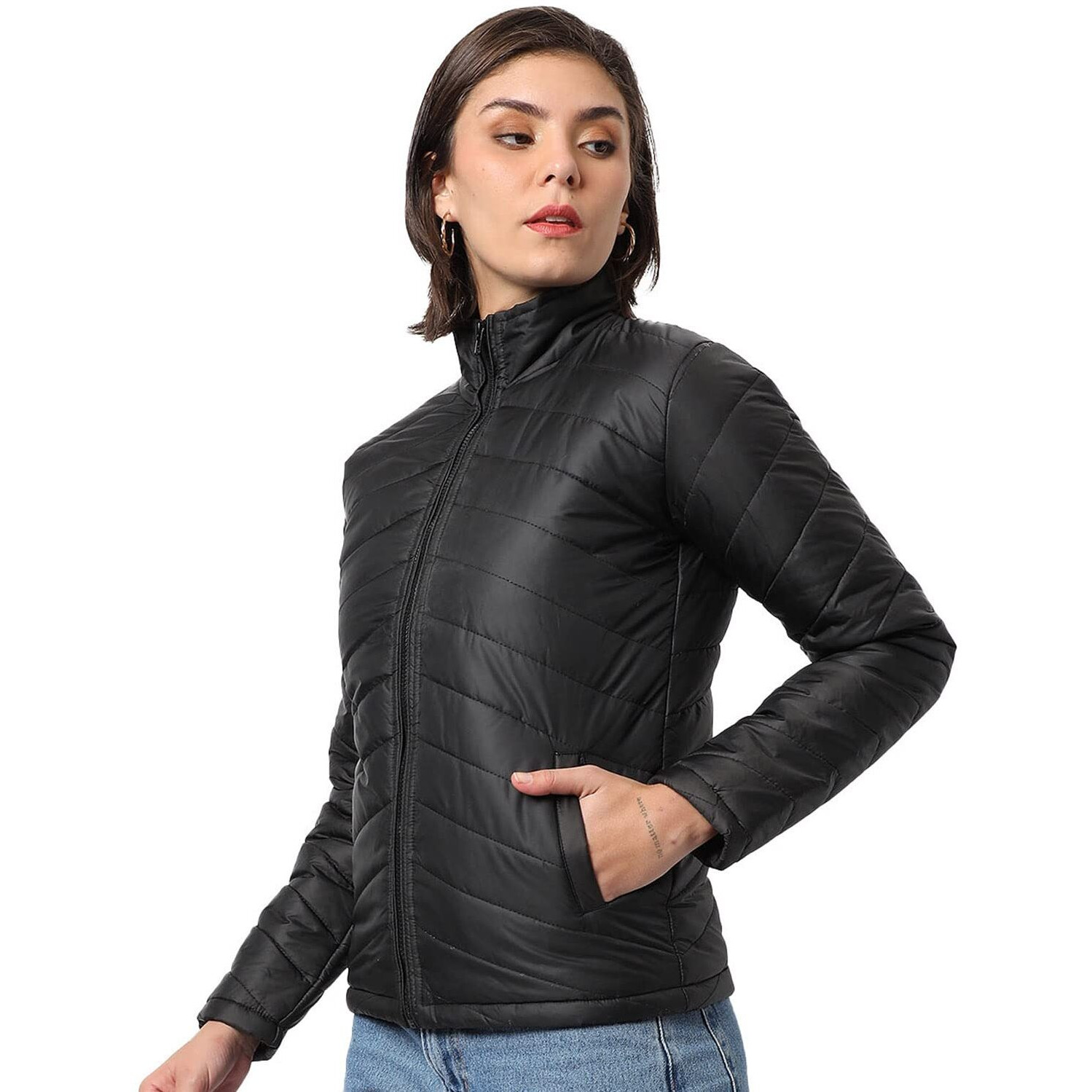 Campus Sutra Women Black Puffer Regular Fit Bomber Jacket For Winter Wear | Standing Collar | Full Sleeve | Zipper | Casual Jacket For Woman & Girl | Western Stylish Jacket For Women