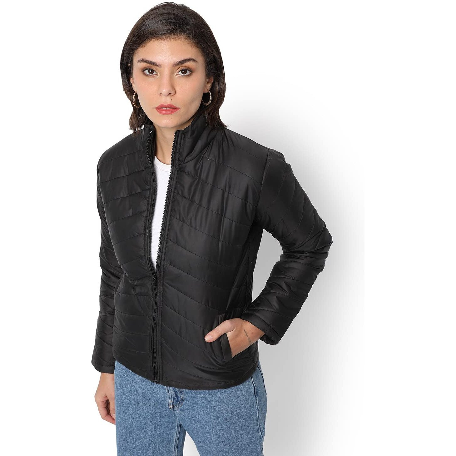 Campus Sutra Women Black Puffer Regular Fit Bomber Jacket For Winter Wear | Standing Collar | Full Sleeve | Zipper | Casual Jacket For Woman & Girl | Western Stylish Jacket For Women
