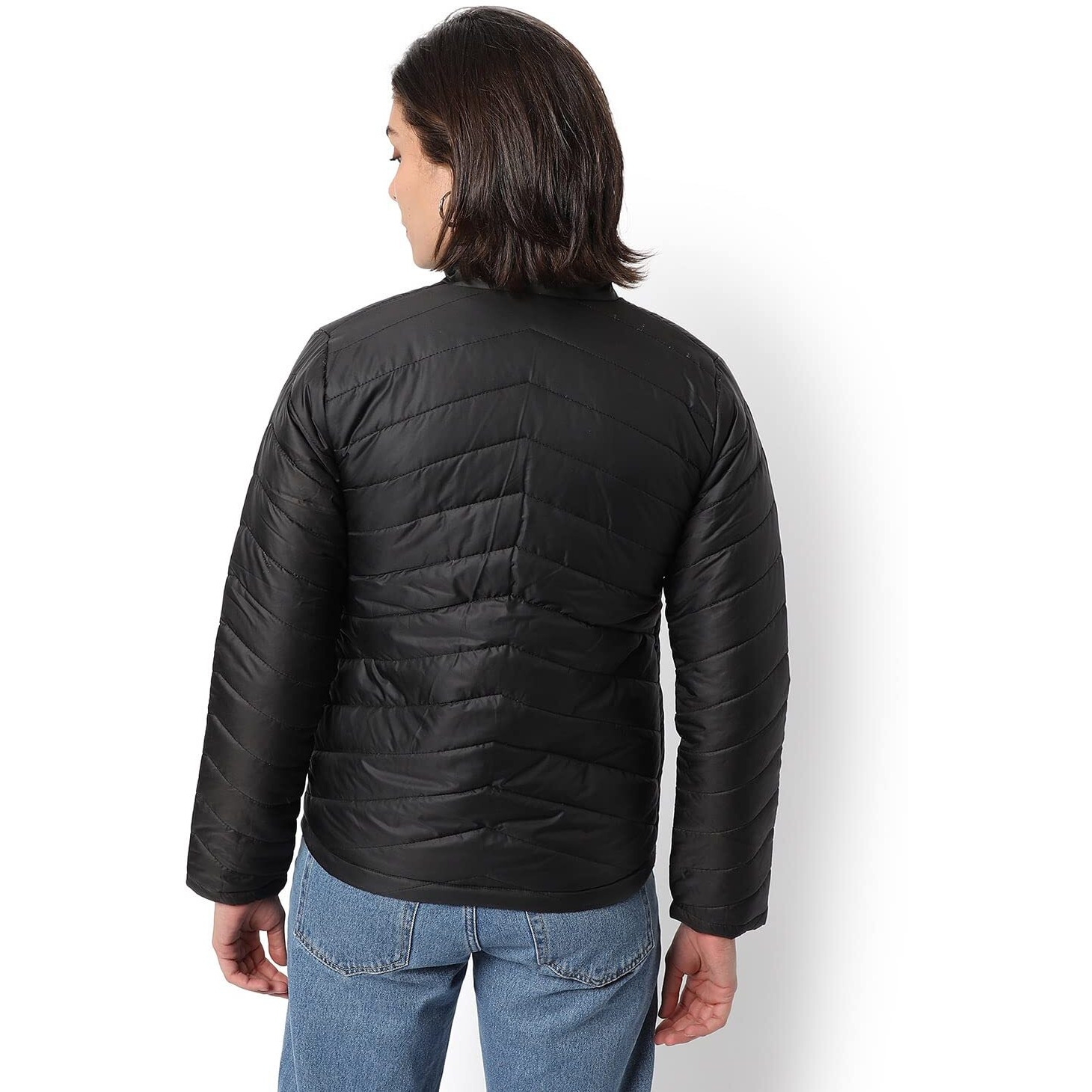 Campus Sutra Women Black Puffer Regular Fit Bomber Jacket For Winter Wear | Standing Collar | Full Sleeve | Zipper | Casual Jacket For Woman & Girl | Western Stylish Jacket For Women