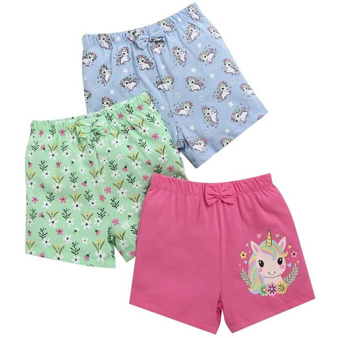 Bumzee Girls Cotton Above Knee Length Shorts Pack Of 3 Green & Pink - 3-4 Years (Peb10446G-Grn)