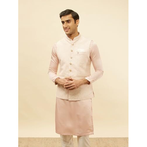 Manyavar Mens Pink Brocade Jacquard Jacket