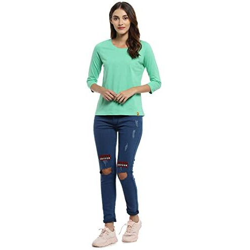 Campus Sutra Green Women Round Neck Quarter Sleeve T-Shirt Dare To Be Different (Ss15Mel_Rnqs_W_Dt_Sg_L)