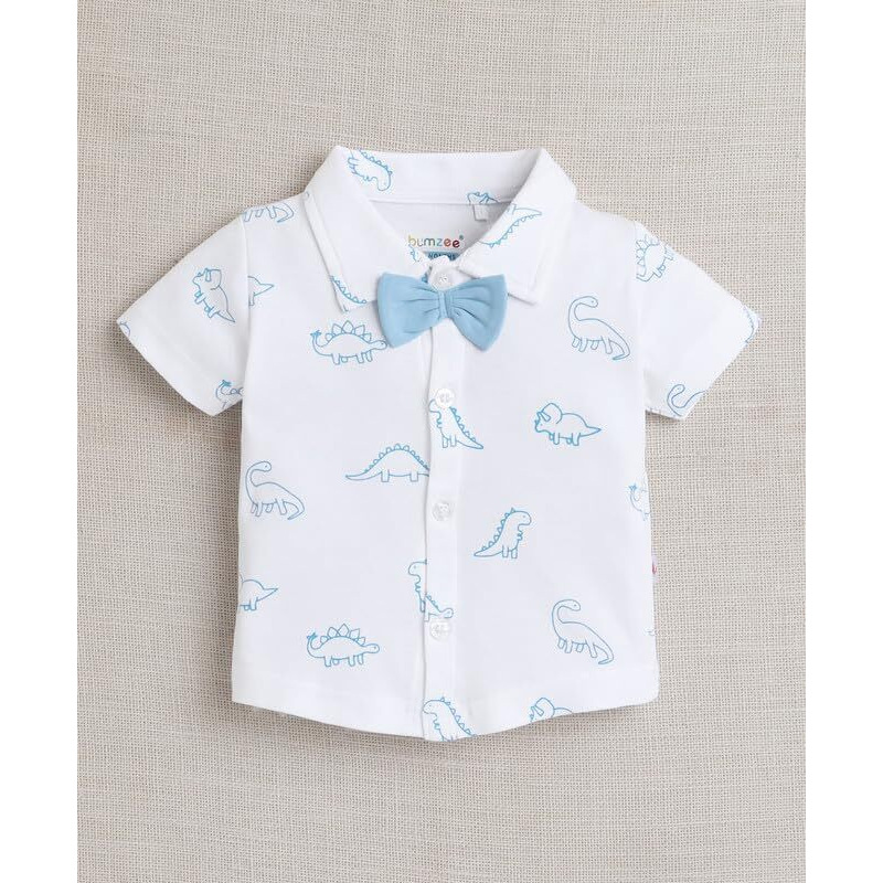 Bumzee Boys Cotton Shirt & Short Set With Bow Suspender With Cap White & Sky Blue - 6-12 Months