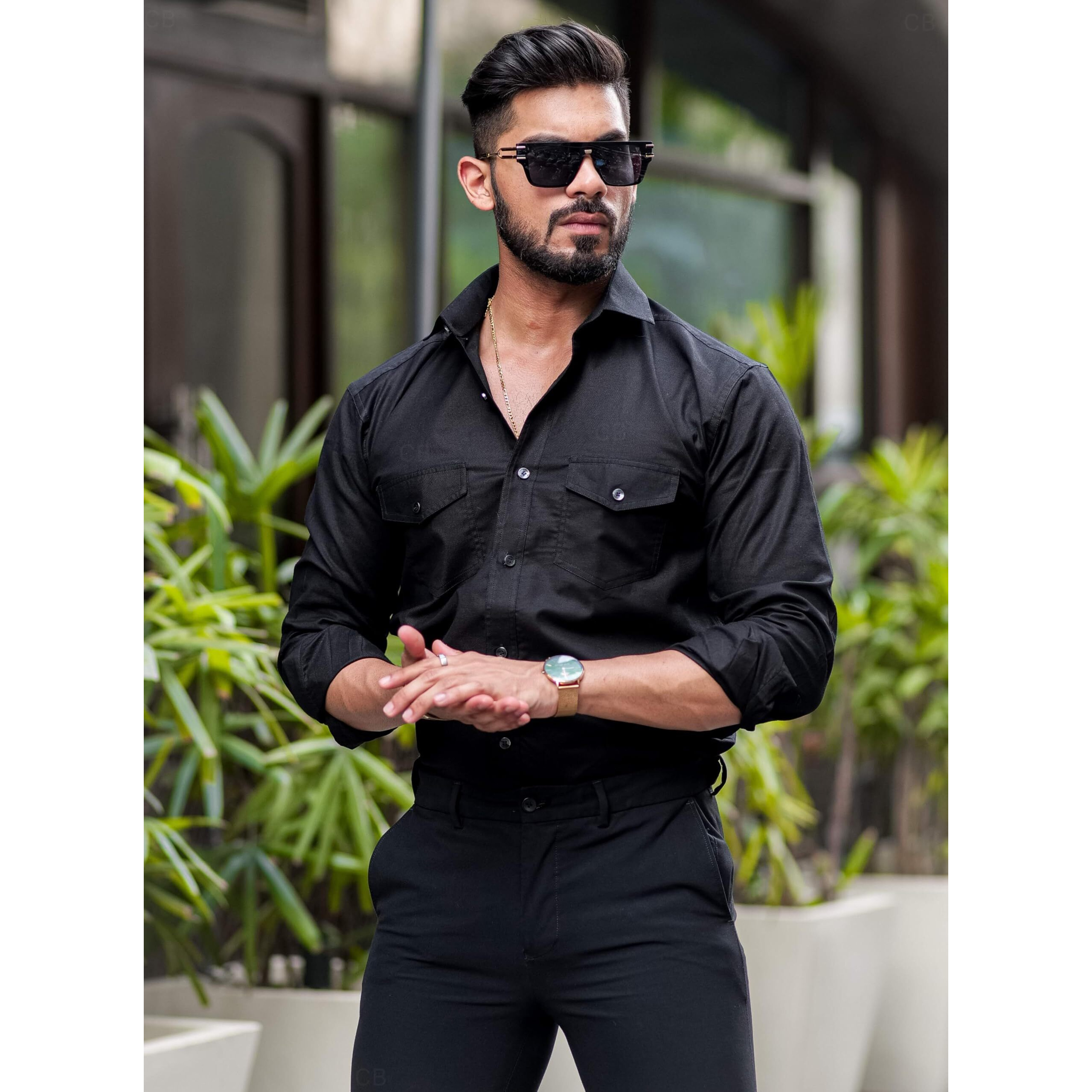 Cb-Colebrook Men's Regular Fit Fancy Two-Pocket Utility Casual Shirt For Men Solid Pocket Button Stylish Full Sleeves - Cargo (Previously Goodthreads) (Large, Black)