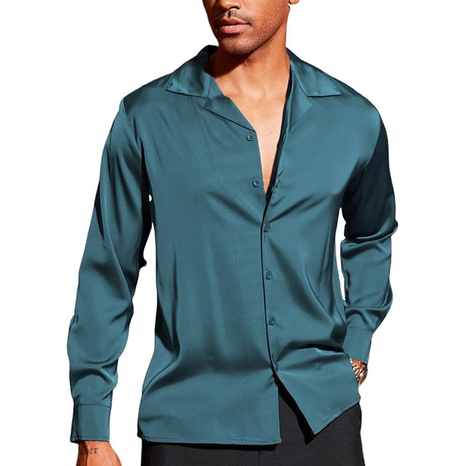 Cb-Colebrook Men Luxury Satin Silk Dress Shirt - Long Sleeve, Satin, Shiny Button Down, Prom, Wedding Party Shirt (In, Alpha, 2Xl, Regular, Teal)