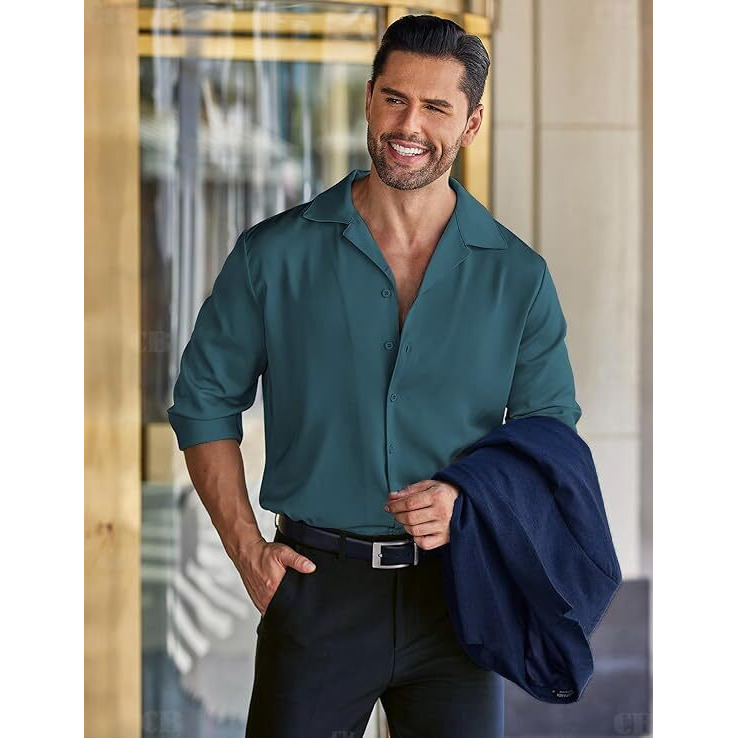 Cb-Colebrook Men Luxury Satin Silk Dress Shirt - Long Sleeve, Satin, Shiny Button Down, Prom, Wedding Party Shirt (In, Alpha, 2Xl, Regular, Teal)